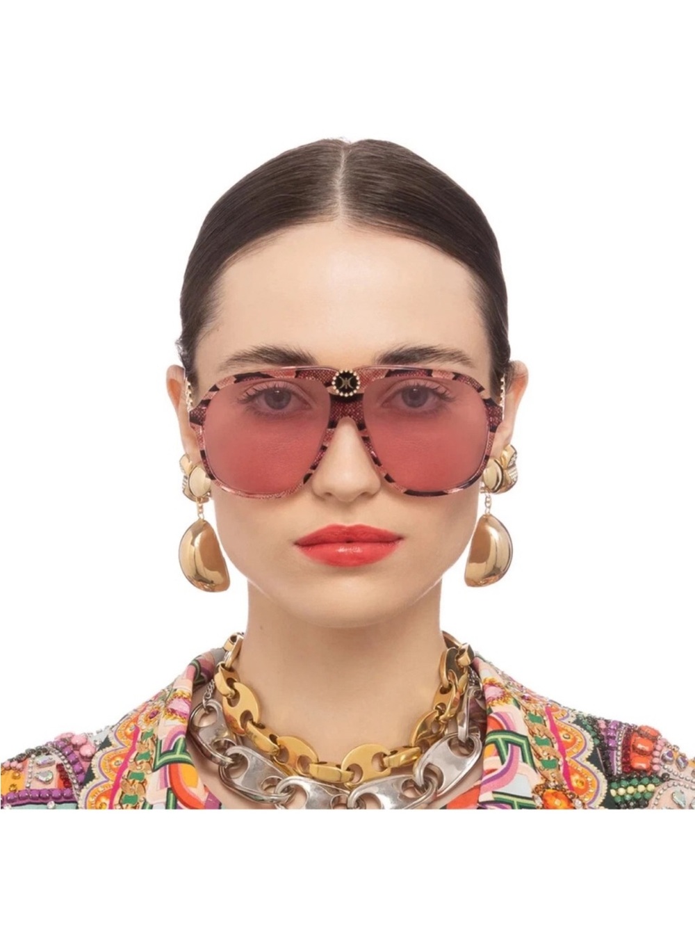 Camilla The Heiress pink over-sized aviator sunglasses Glitter Snake 70’s boho